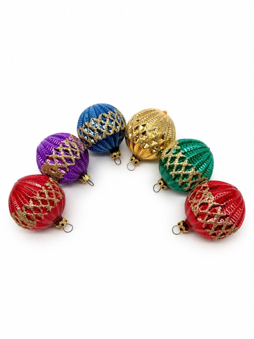 6 Vintage Diamond-Textured Glitter Christmas Ornaments plastic West Germany